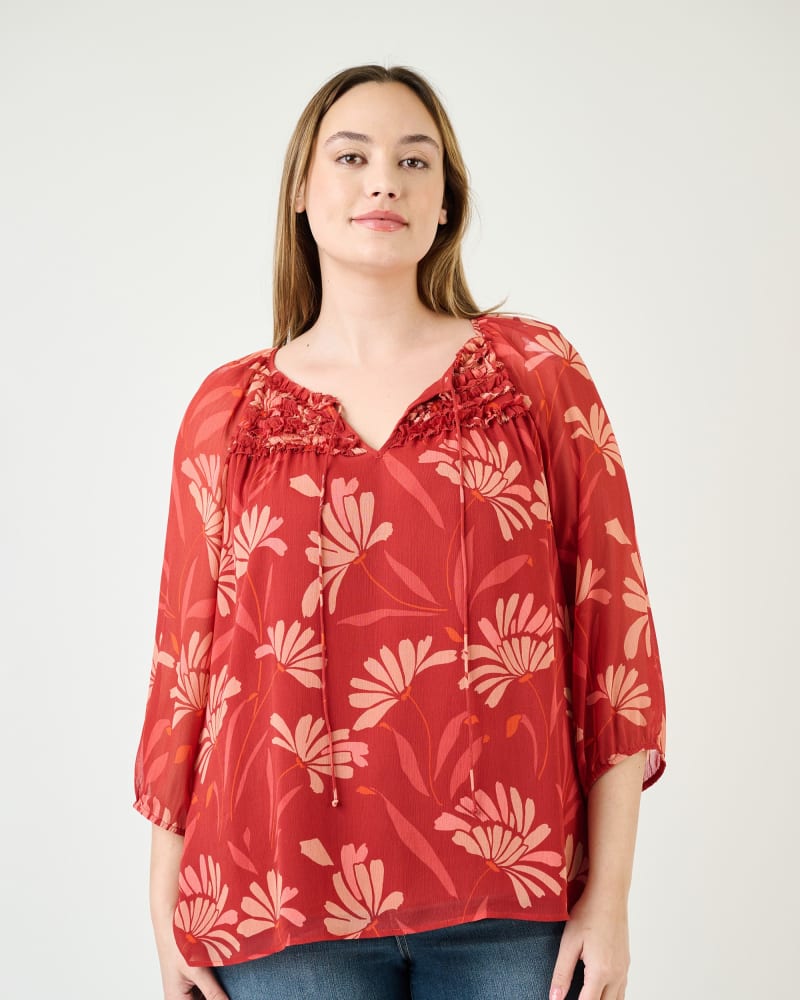 Front of a model wearing a size 1X Adalee 3/4 Sleeve Floral Top in N681 Wine by Daniel Rainn. | dia_product_style_image_id:271896